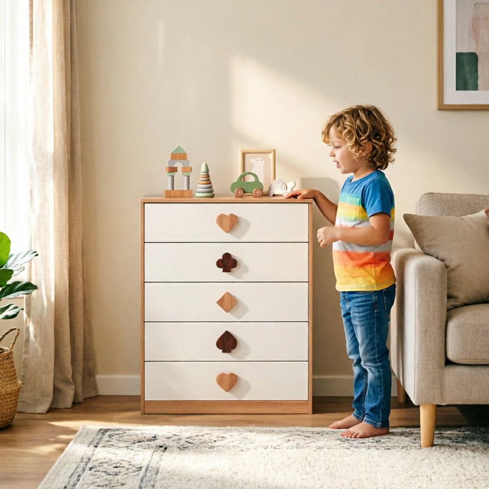 LIVARA Kids Dresser Cream Style Eco-Friendly Rounded Silent Rails 5-Drawer Cabinet for Kids Room Bedroom Living Room Reading Corner