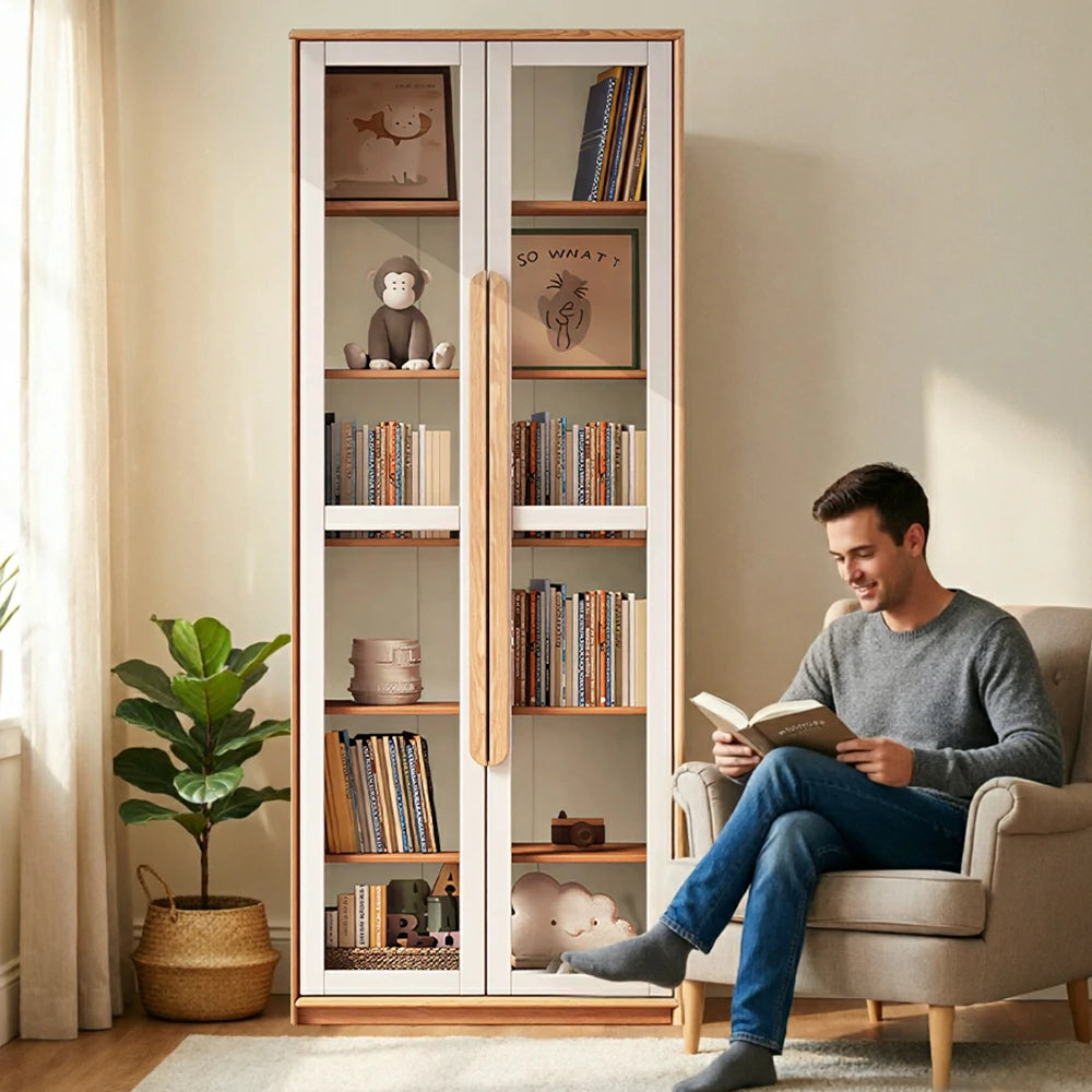 LIVARA Kids Open Bookcase Eco Waterborne Finish Anti-Tip Adjustable Shelves Double Glass Doors for Kids Room Reading Corner Study Area