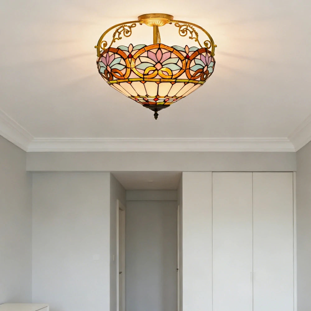LIVARA European Vintage Blue Heart Pattern Stained Glass Ceiling Light 3-Light Design Even Lighting 42x38cm Suitable for Living Room Bedroom Dining Hallway