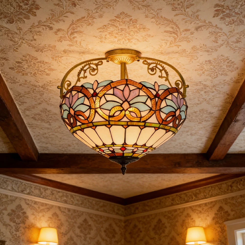 LIVARA European Vintage Blue Heart Pattern Stained Glass Ceiling Light 3-Light Design Even Lighting 42x38cm Suitable for Living Room Bedroom Dining Hallway