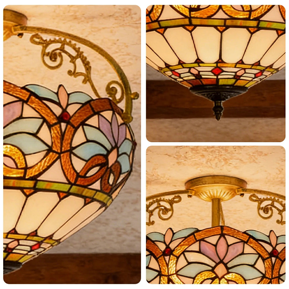 LIVARA European Vintage Blue Heart Pattern Stained Glass Ceiling Light 3-Light Design Even Lighting 42x38cm Suitable for Living Room Bedroom Dining Hallway