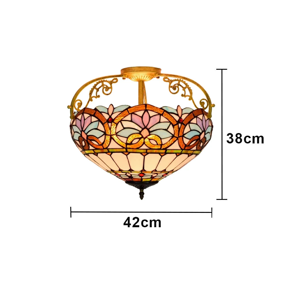 LIVARA European Vintage Blue Heart Pattern Stained Glass Ceiling Light 3-Light Design Even Lighting 42x38cm Suitable for Living Room Bedroom Dining Hallway