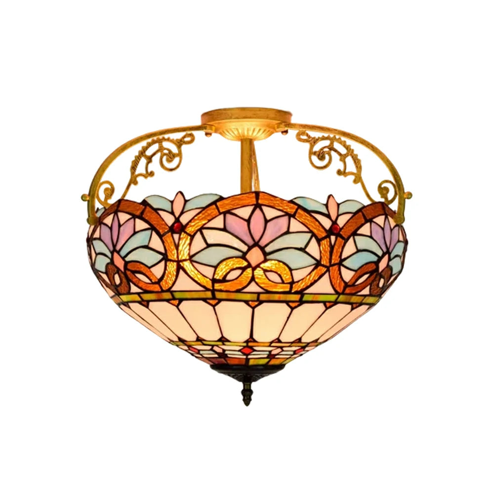 LIVARA European Vintage Blue Heart Pattern Stained Glass Ceiling Light 3-Light Design Even Lighting 42x38cm Suitable for Living Room Bedroom Dining Hallway