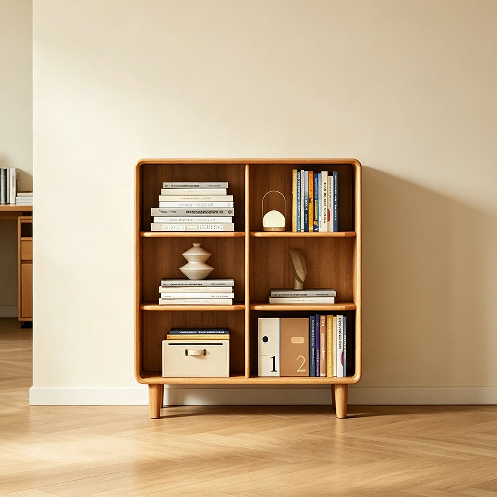 LIVARA Open Solid Wood Bookcase Natural Timber Adjustable Shelves Rounded Design 2-Column for Living Room Study Reading Area - Wood