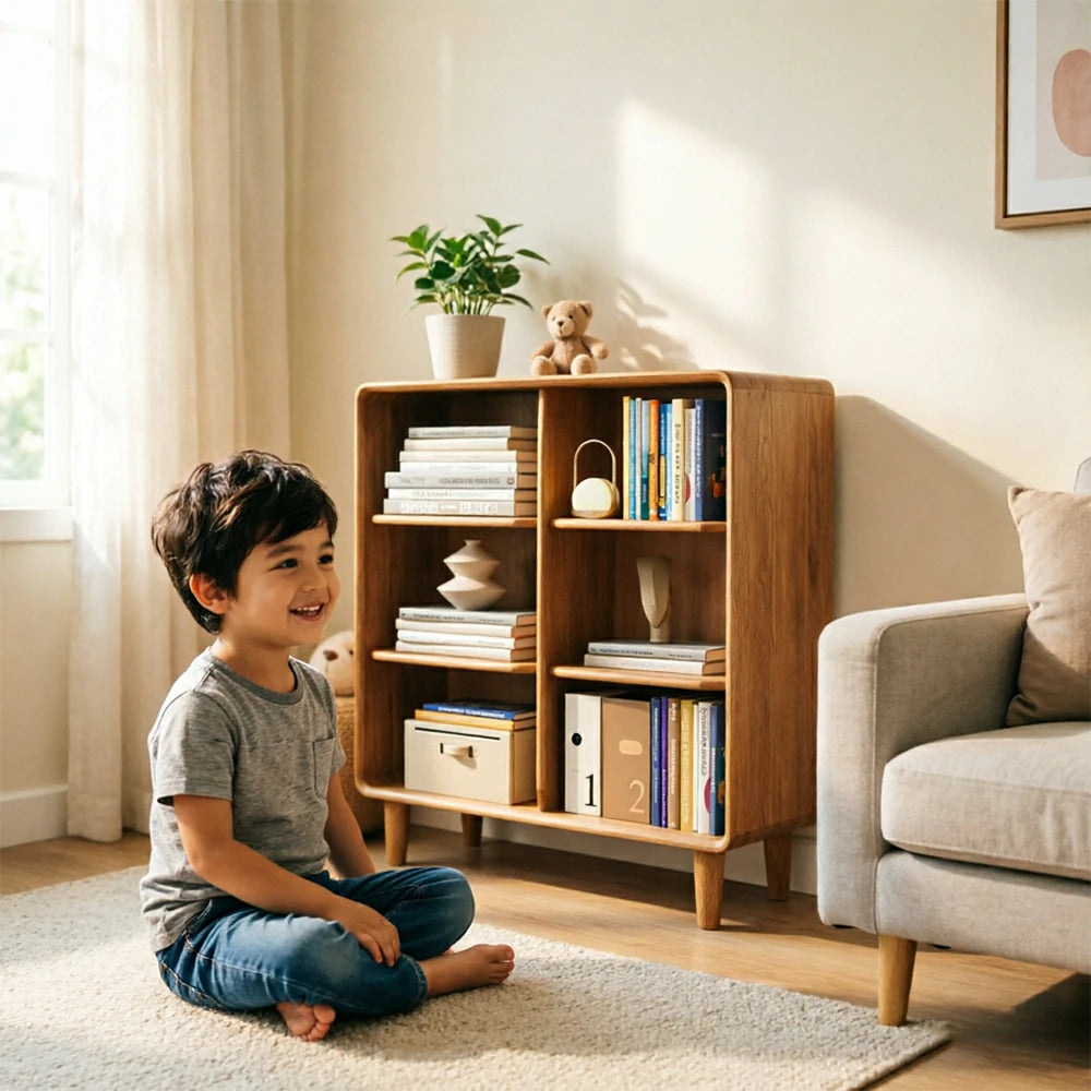 LIVARA Open Solid Wood Bookcase Natural Timber Adjustable Shelves Rounded Design 2-Column for Living Room Study Reading Area - Wood