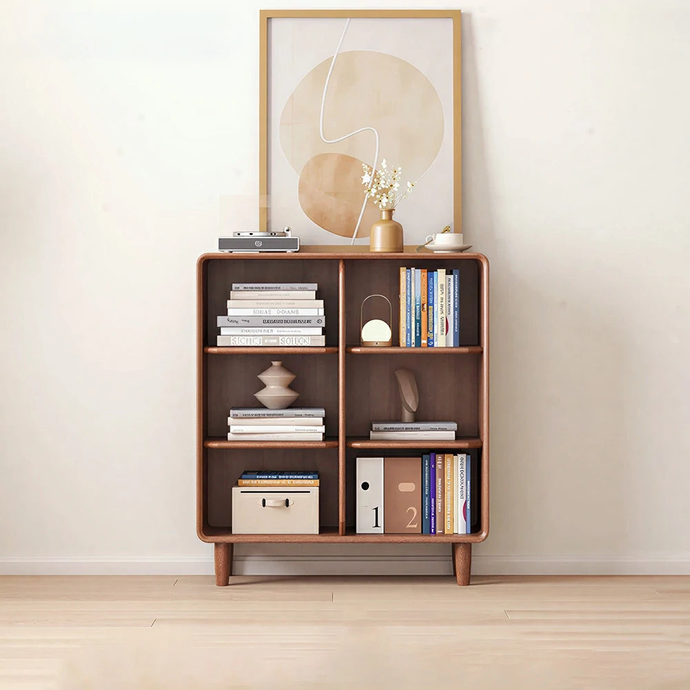 LIVARA Open Solid Wood Bookcase Natural Timber Adjustable Shelves Rounded Design 2-Column for Living Room Study Reading Area - Walnut
