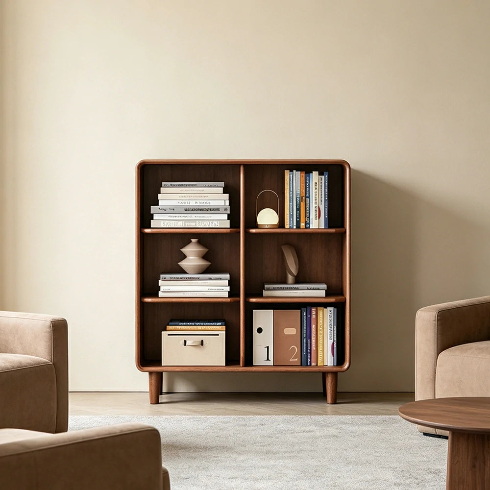 LIVARA Open Solid Wood Bookcase Natural Timber Adjustable Shelves Rounded Design 2-Column for Living Room Study Reading Area - Walnut
