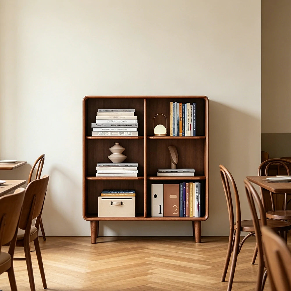 LIVARA Open Solid Wood Bookcase Natural Timber Adjustable Shelves Rounded Design 2-Column for Living Room Study Reading Area - Walnut