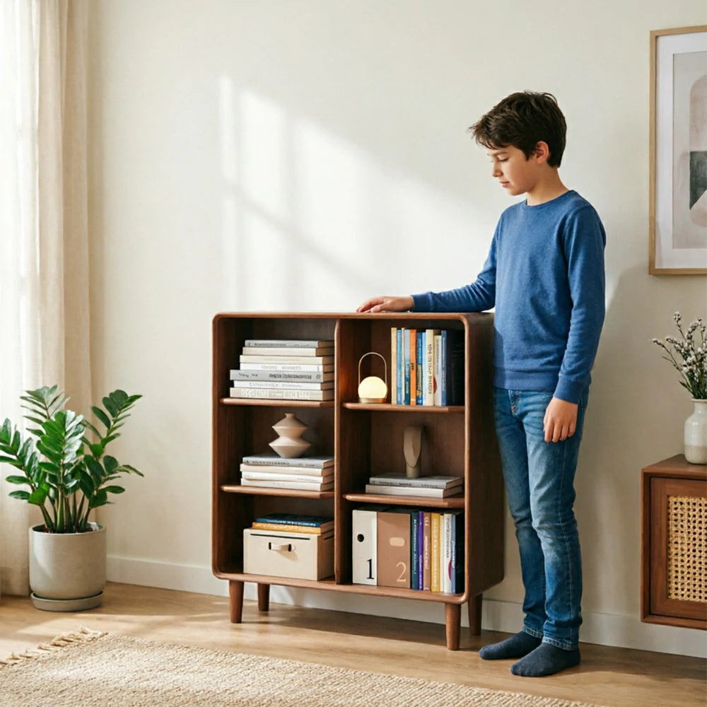 LIVARA Open Solid Wood Bookcase Natural Timber Adjustable Shelves Rounded Design 2-Column for Living Room Study Reading Area - Walnut