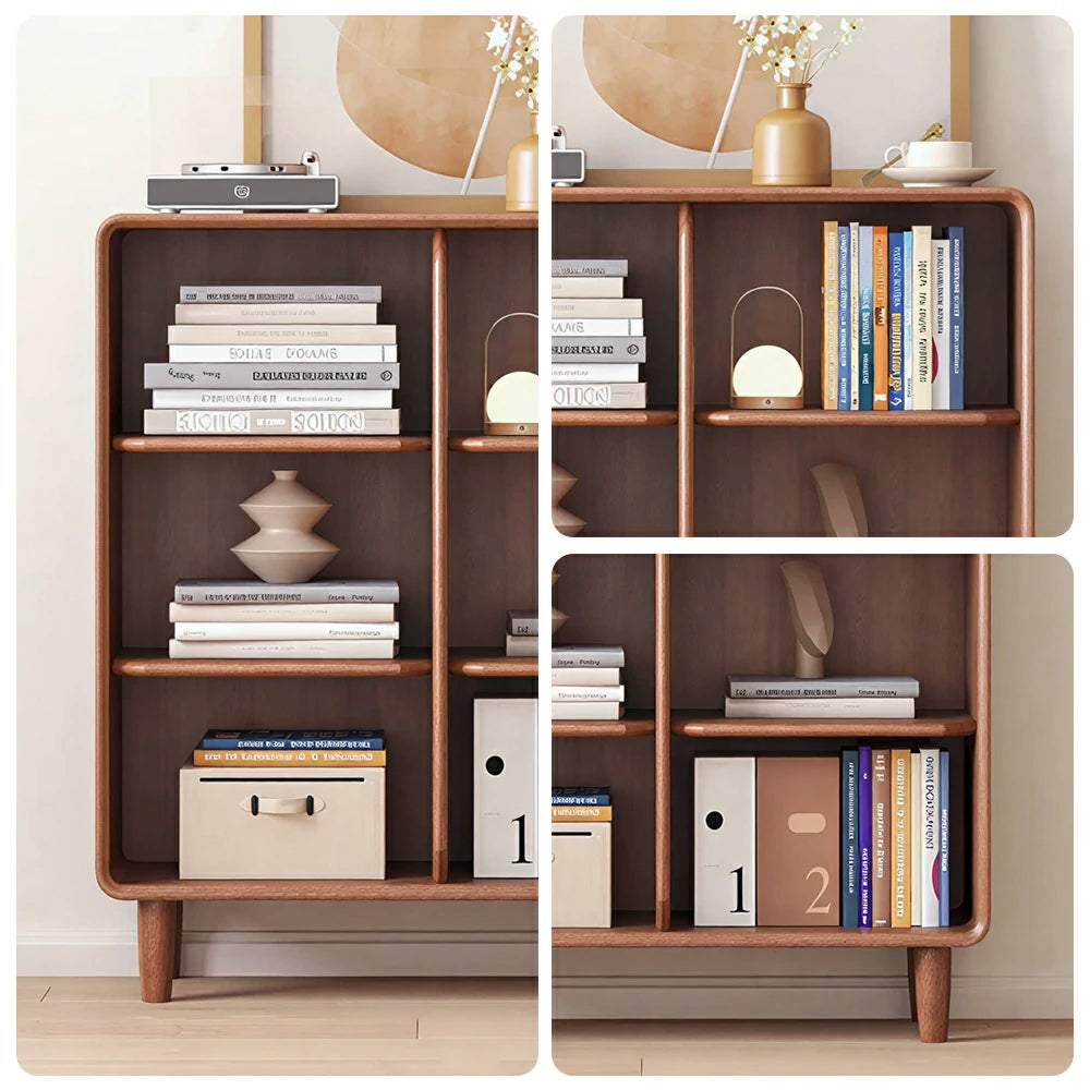 LIVARA Open Solid Wood Bookcase Natural Timber Adjustable Shelves Rounded Design 2-Column for Living Room Study Reading Area - Walnut