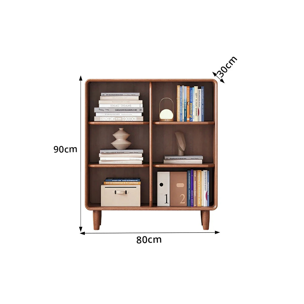 LIVARA Open Solid Wood Bookcase Natural Timber Adjustable Shelves Rounded Design 2-Column for Living Room Study Reading Area - Walnut