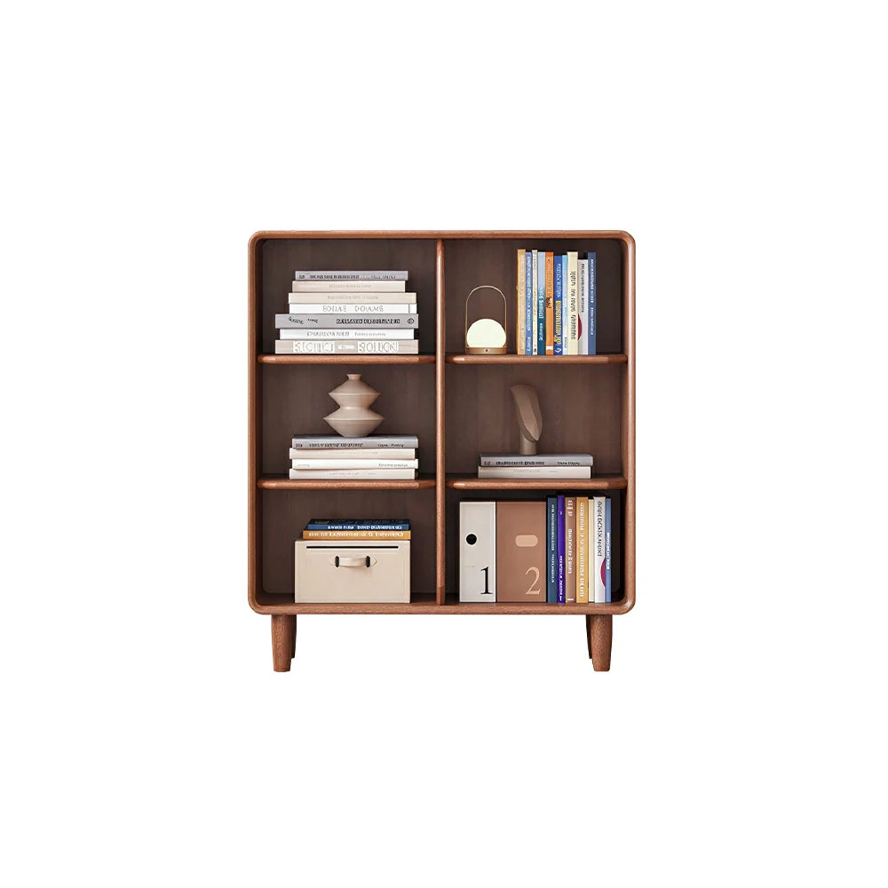 LIVARA Open Solid Wood Bookcase Natural Timber Adjustable Shelves Rounded Design 2-Column for Living Room Study Reading Area - Walnut