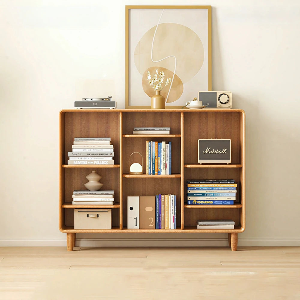 LIVARA Open Solid Wood Bookcase Natural Timber Adjustable Shelves Rounded Design 3-Column for Living Room Study Reading Area - Wood