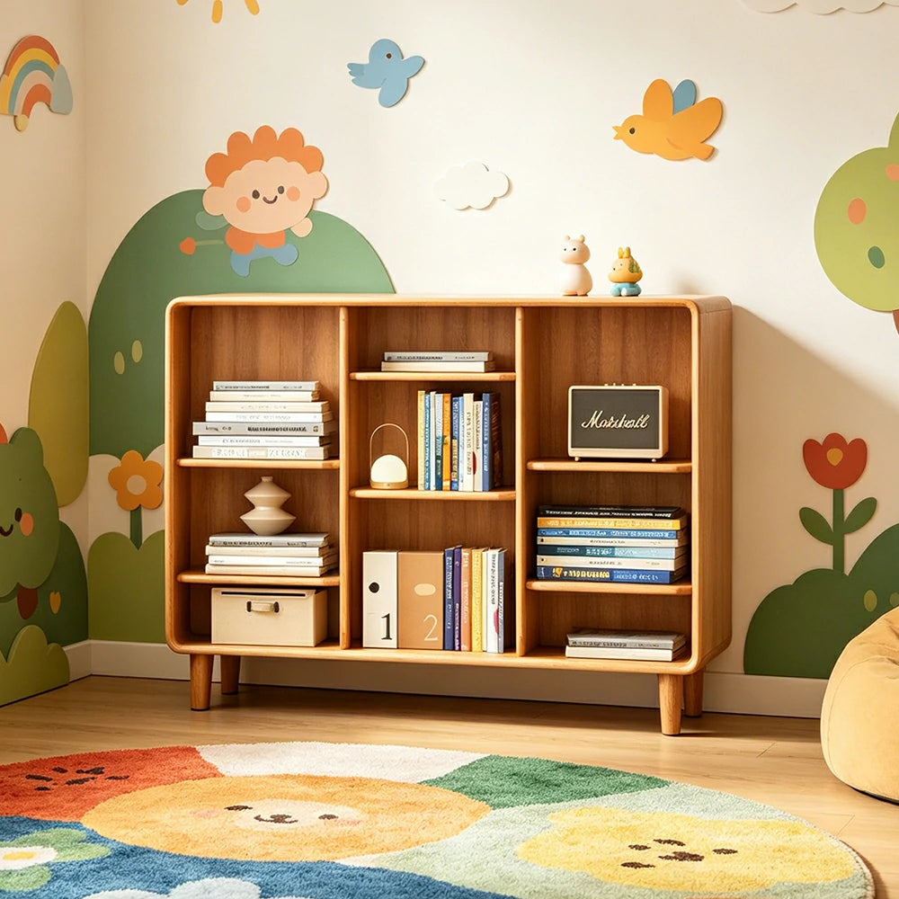 LIVARA Open Solid Wood Bookcase Natural Timber Adjustable Shelves Rounded Design 3-Column for Living Room Study Reading Area - Wood