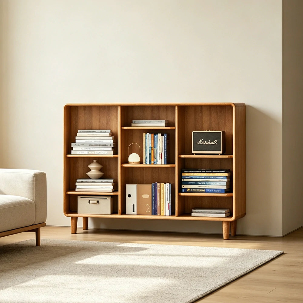 LIVARA Open Solid Wood Bookcase Natural Timber Adjustable Shelves Rounded Design 3-Column for Living Room Study Reading Area - Wood