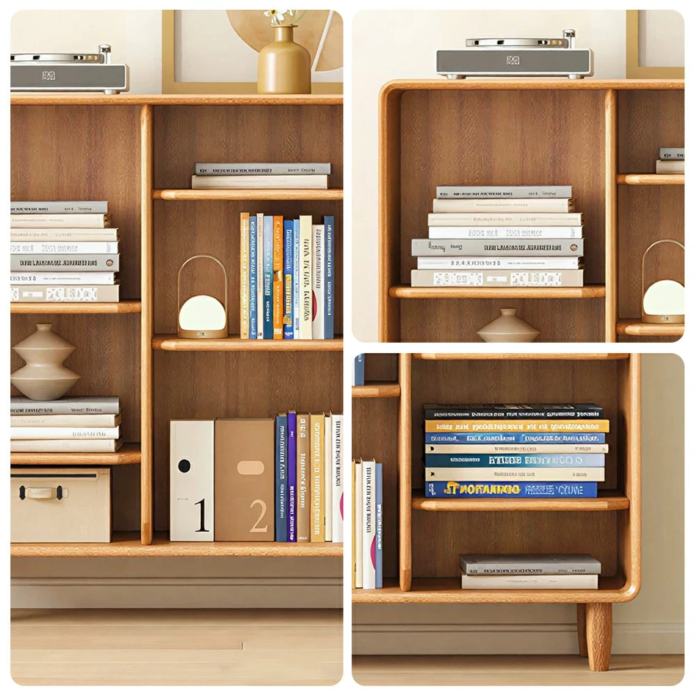 LIVARA Open Solid Wood Bookcase Natural Timber Adjustable Shelves Rounded Design 3-Column for Living Room Study Reading Area - Wood
