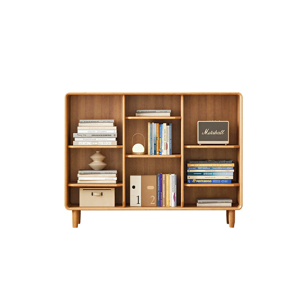 LIVARA Open Solid Wood Bookcase Natural Timber Adjustable Shelves Rounded Design 3-Column for Living Room Study Reading Area - Wood