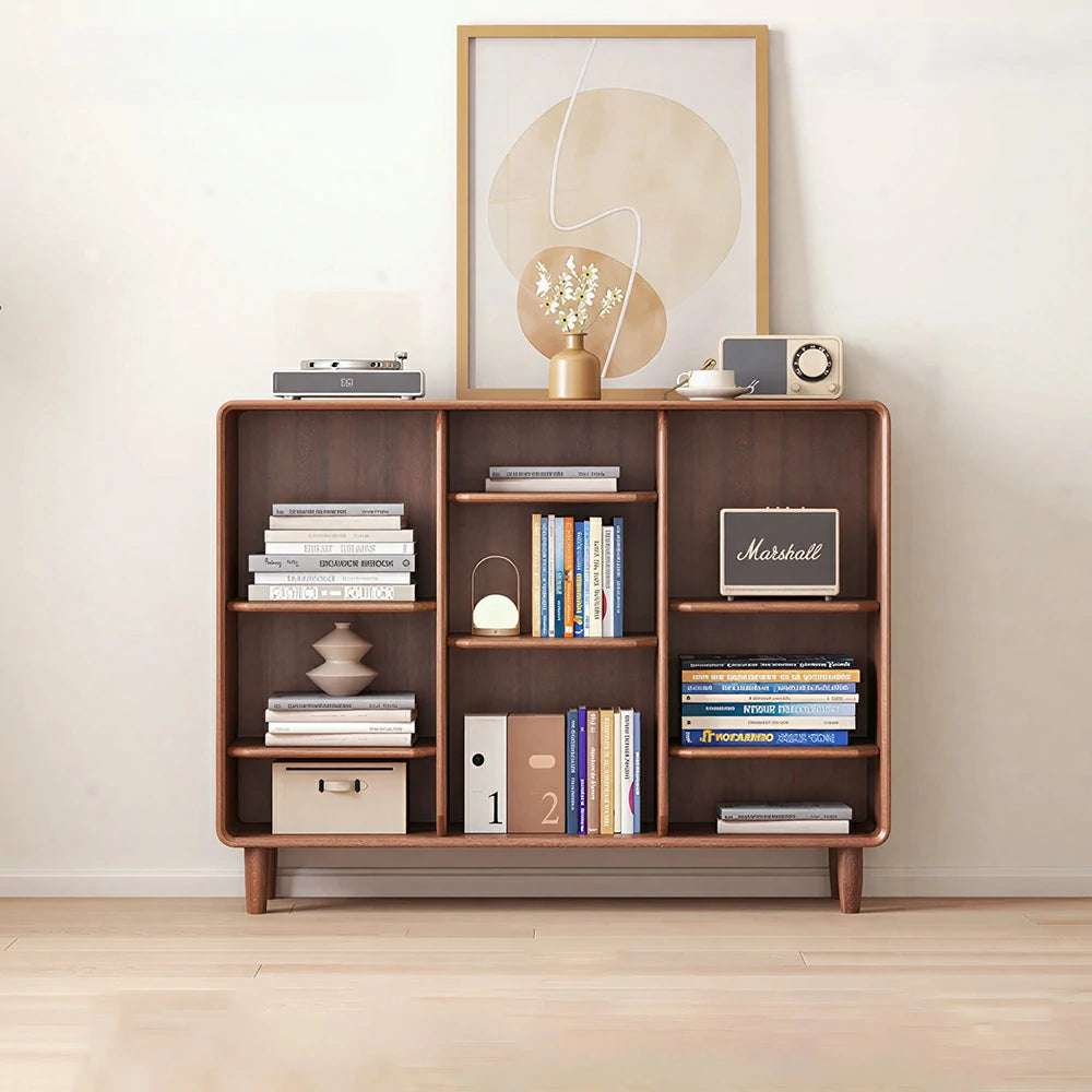 LIVARA Open Solid Wood Bookcase Natural Timber Adjustable Shelves Rounded Design 3-Column for Living Room Study Reading Area - Walnut