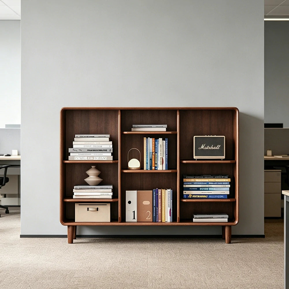 LIVARA Open Solid Wood Bookcase Natural Timber Adjustable Shelves Rounded Design 3-Column for Living Room Study Reading Area - Walnut