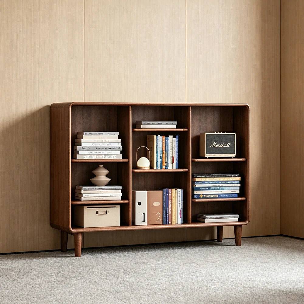 LIVARA Open Solid Wood Bookcase Natural Timber Adjustable Shelves Rounded Design 3-Column for Living Room Study Reading Area - Walnut