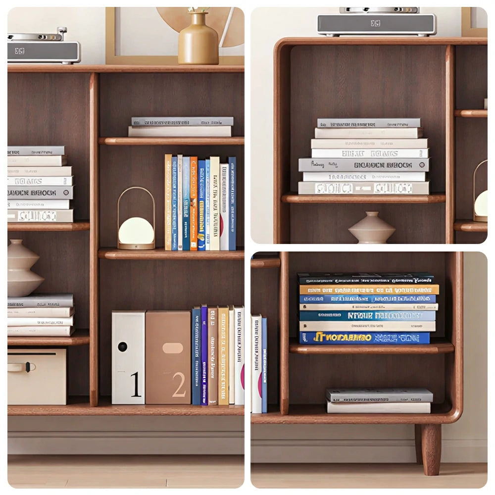 LIVARA Open Solid Wood Bookcase Natural Timber Adjustable Shelves Rounded Design 3-Column for Living Room Study Reading Area - Walnut