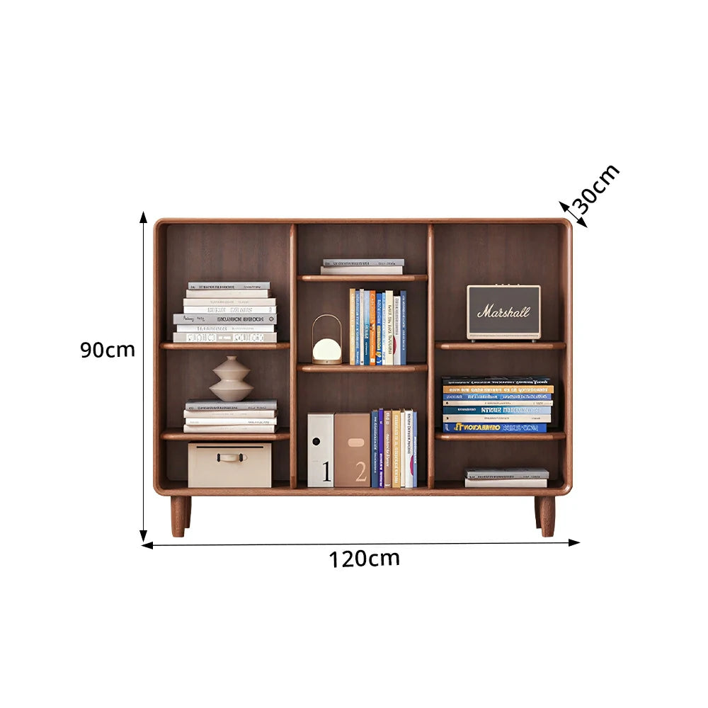 LIVARA Open Solid Wood Bookcase Natural Timber Adjustable Shelves Rounded Design 3-Column for Living Room Study Reading Area - Walnut