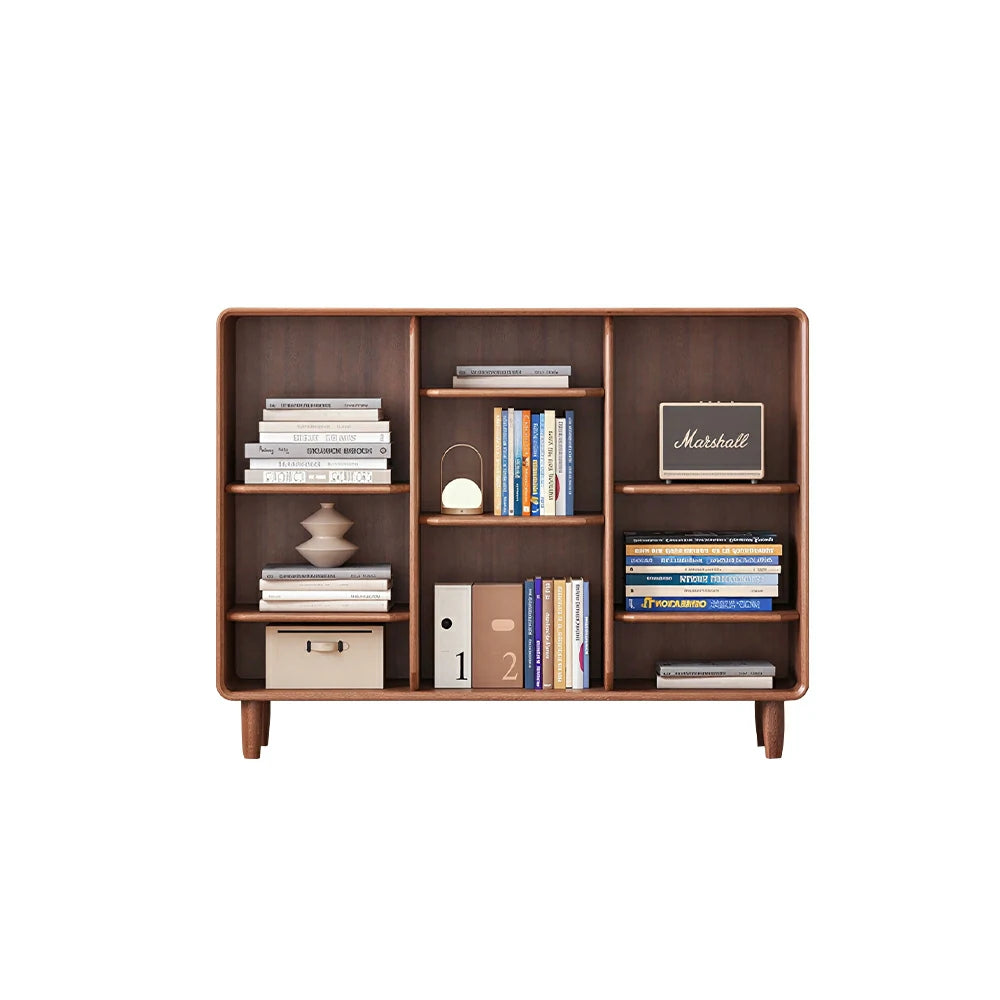 LIVARA Open Solid Wood Bookcase Natural Timber Adjustable Shelves Rounded Design 3-Column for Living Room Study Reading Area - Walnut