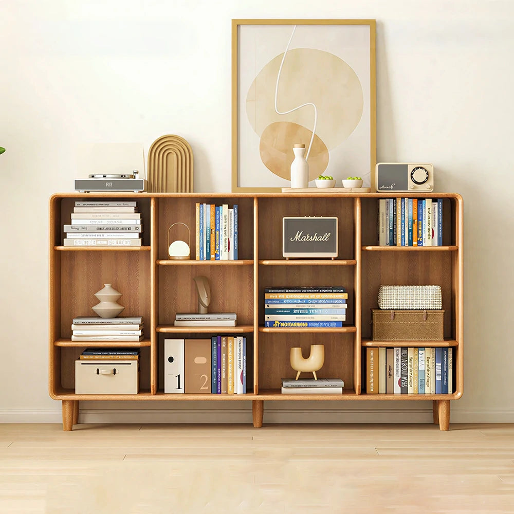 LIVARA Open Solid Wood Bookcase Natural Timber Adjustable Shelves Rounded Design 4-Column for Living Room Study Reading Area - Wood