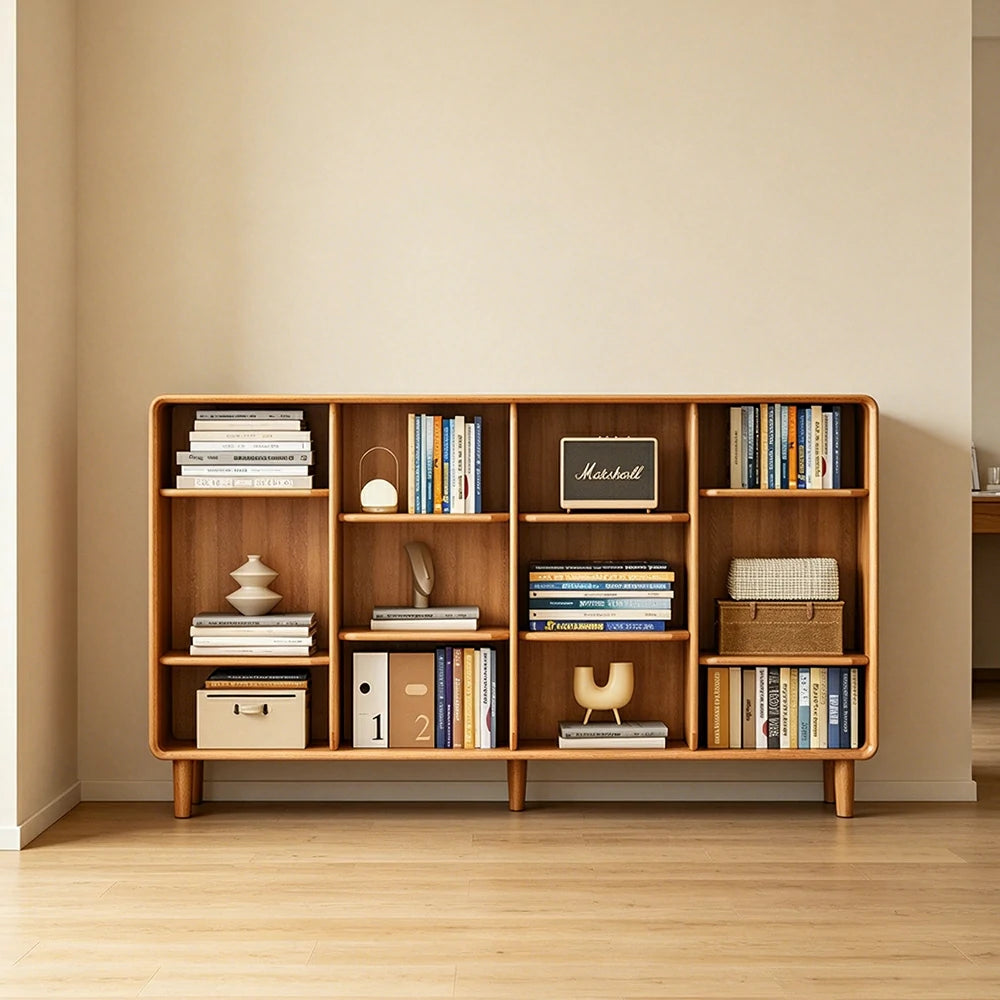 LIVARA Open Solid Wood Bookcase Natural Timber Adjustable Shelves Rounded Design 4-Column for Living Room Study Reading Area - Wood