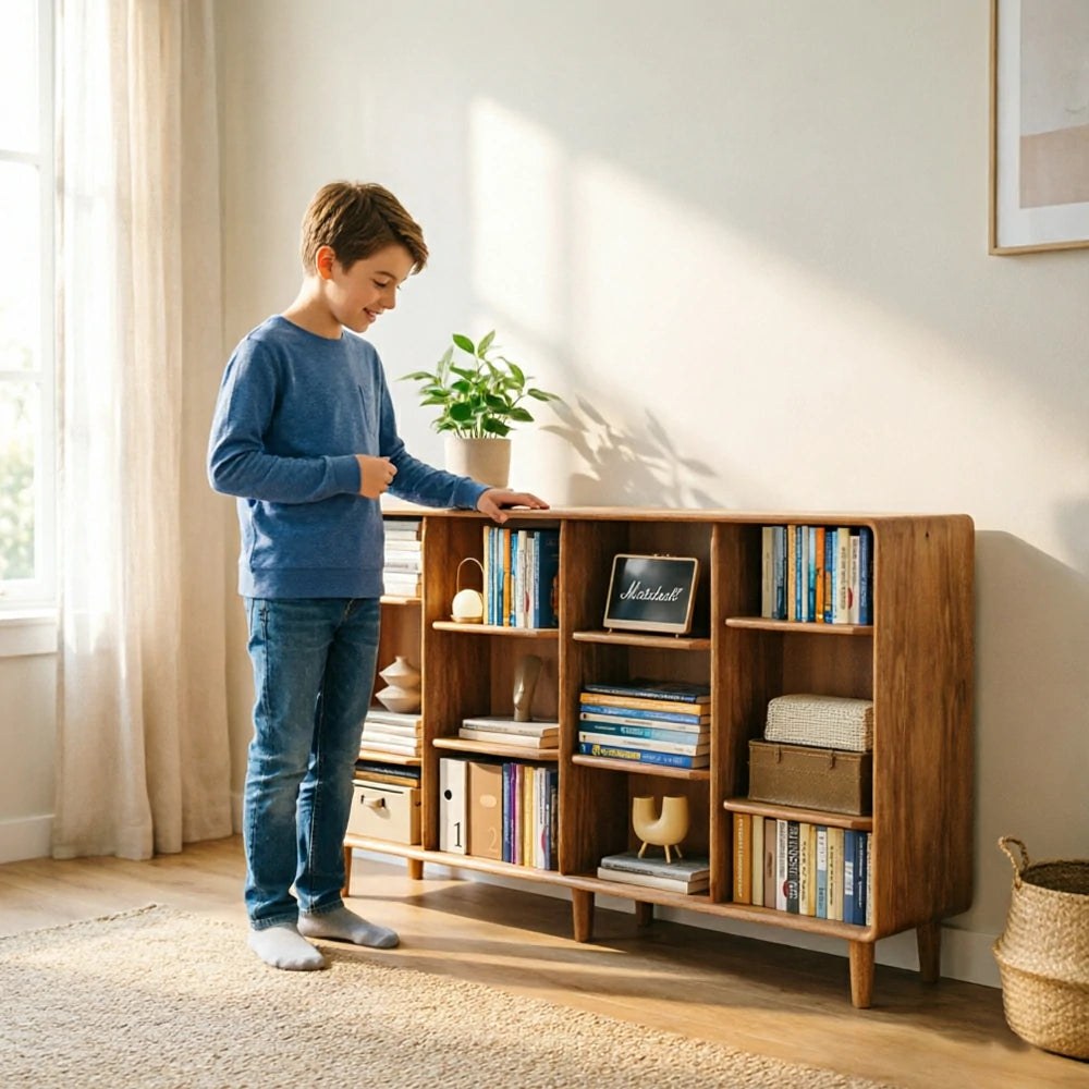 LIVARA Open Solid Wood Bookcase Natural Timber Adjustable Shelves Rounded Design 4-Column for Living Room Study Reading Area - Wood