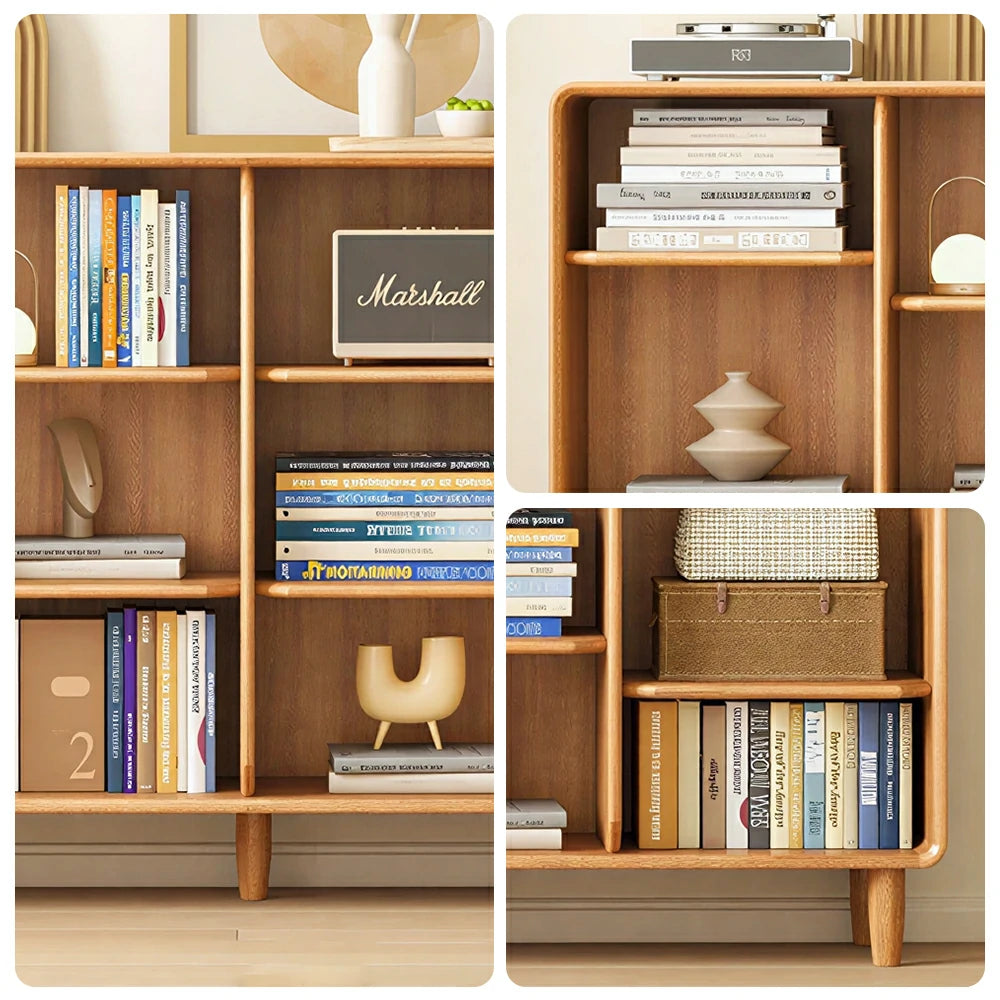 LIVARA Open Solid Wood Bookcase Natural Timber Adjustable Shelves Rounded Design 4-Column for Living Room Study Reading Area - Wood