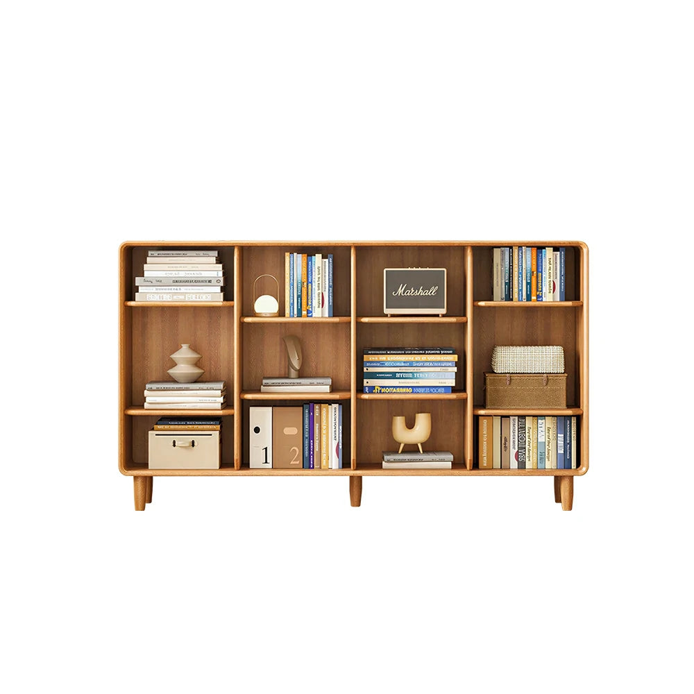 LIVARA Open Solid Wood Bookcase Natural Timber Adjustable Shelves Rounded Design 4-Column for Living Room Study Reading Area - Wood