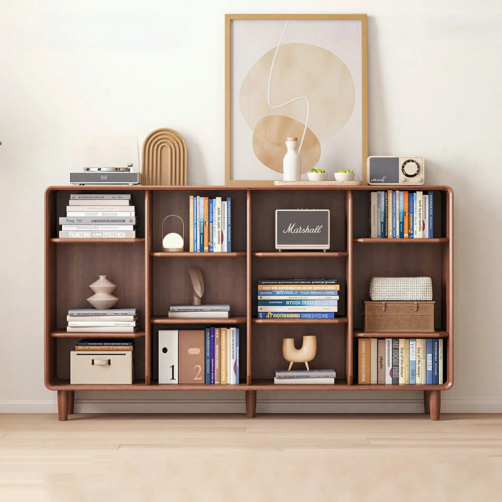 LIVARA Open Solid Wood Bookcase Natural Timber Adjustable Shelves Rounded Design 4-Column for Living Room Study Reading Area - Walnut