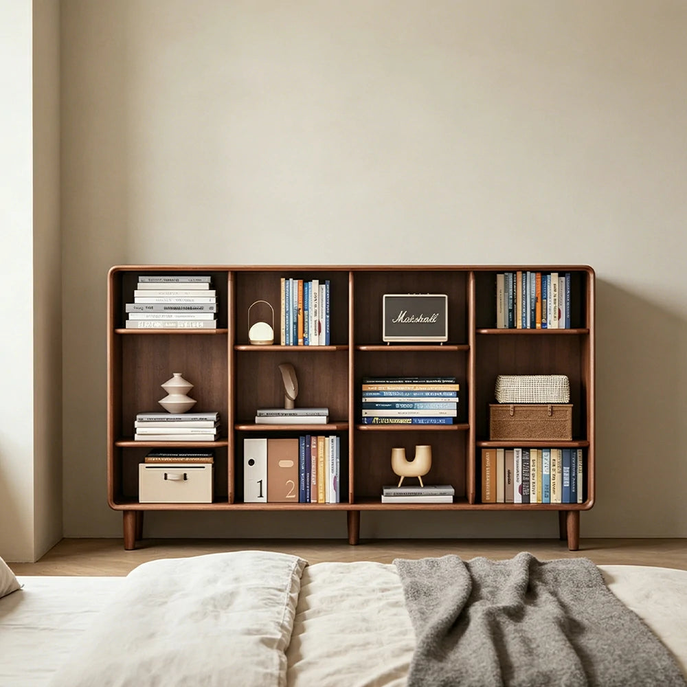 LIVARA Open Solid Wood Bookcase Natural Timber Adjustable Shelves Rounded Design 4-Column for Living Room Study Reading Area - Walnut