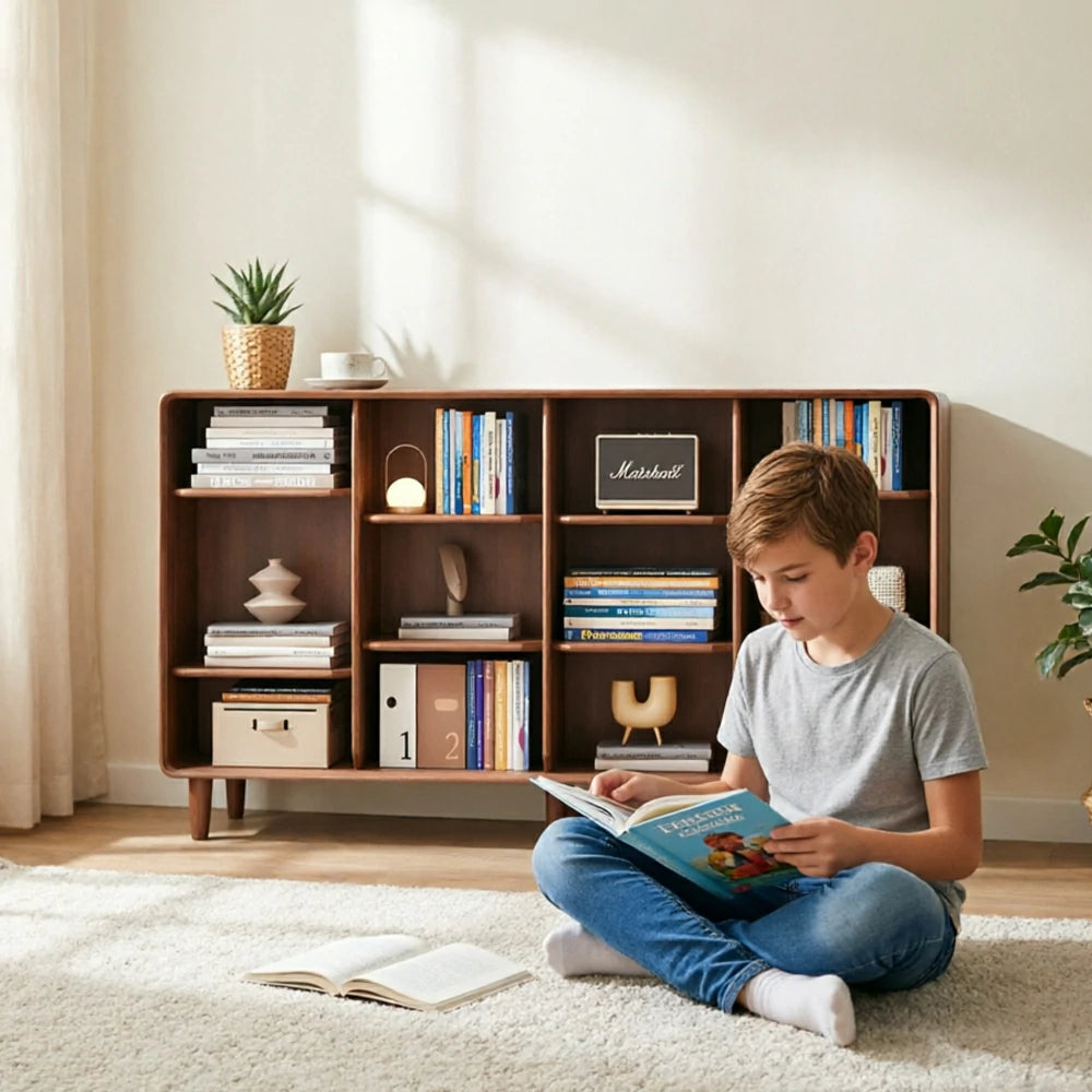LIVARA Open Solid Wood Bookcase Natural Timber Adjustable Shelves Rounded Design 4-Column for Living Room Study Reading Area - Walnut