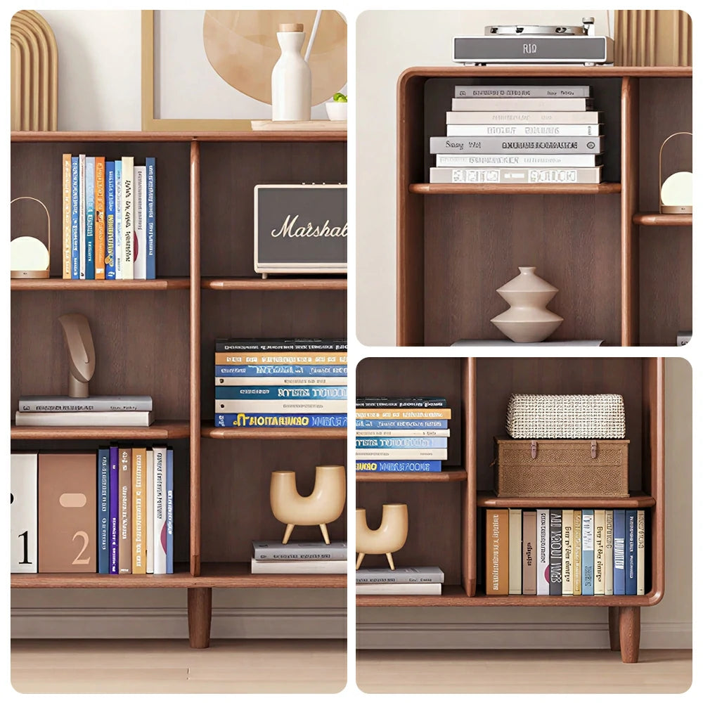 LIVARA Open Solid Wood Bookcase Natural Timber Adjustable Shelves Rounded Design 4-Column for Living Room Study Reading Area - Walnut
