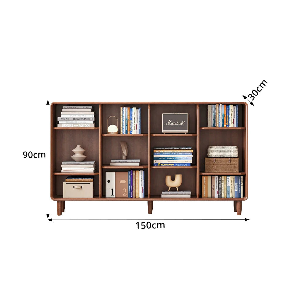 LIVARA Open Solid Wood Bookcase Natural Timber Adjustable Shelves Rounded Design 4-Column for Living Room Study Reading Area - Walnut