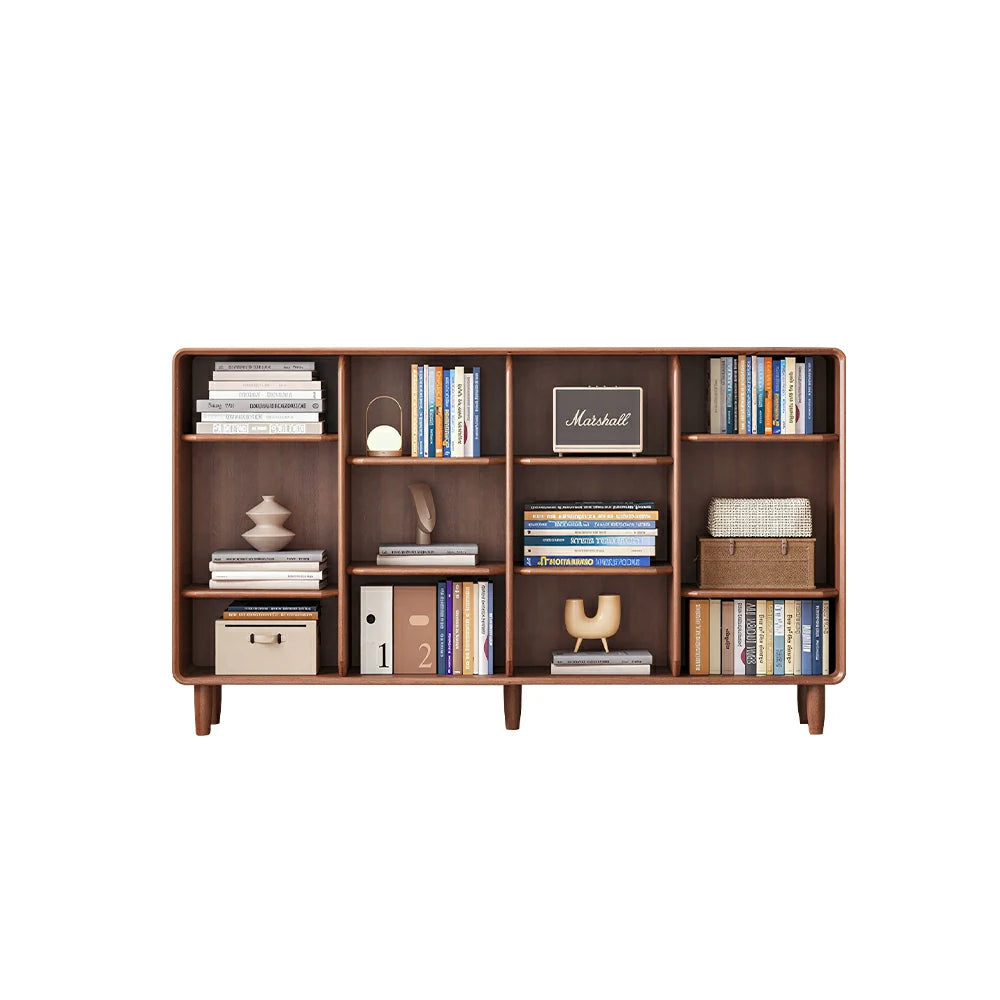 LIVARA Open Solid Wood Bookcase Natural Timber Adjustable Shelves Rounded Design 4-Column for Living Room Study Reading Area - Walnut