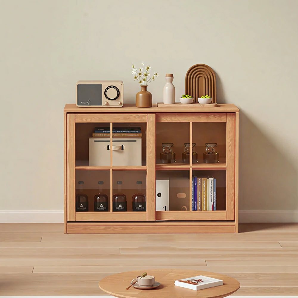 LIVARA Solid Wood Glass Door Storage Cabinet Adjustable Shelves Anti-Tip Reinforced Structure Single Tier for Living Room Dining Room Study - Wood