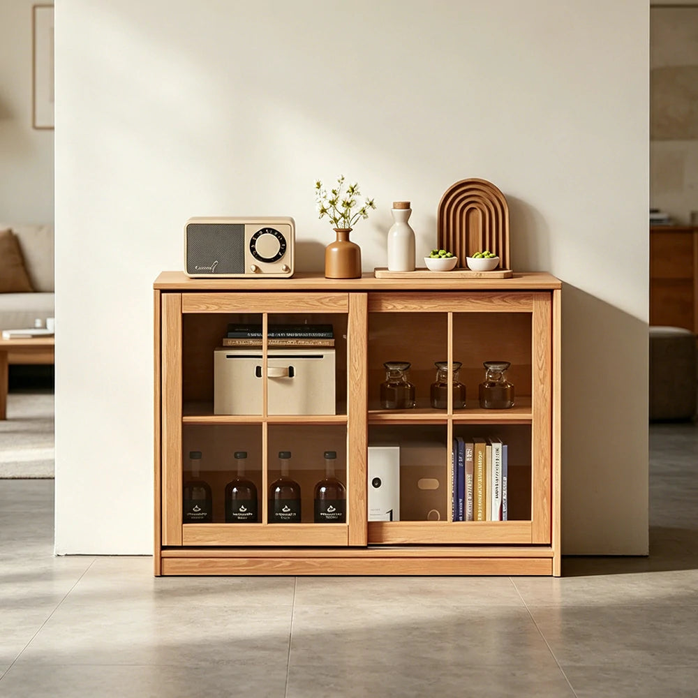 LIVARA Solid Wood Glass Door Storage Cabinet Adjustable Shelves Anti-Tip Reinforced Structure Single Tier for Living Room Dining Room Study - Wood