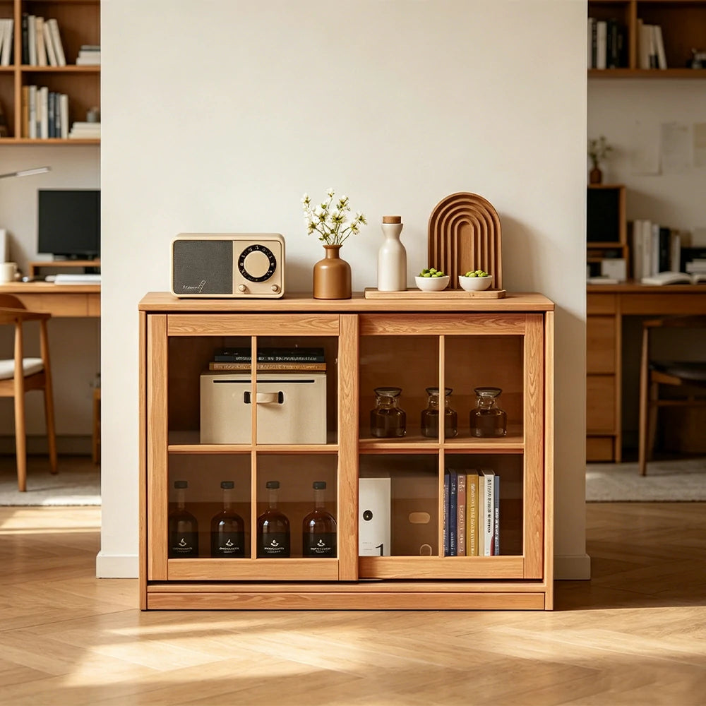 LIVARA Solid Wood Glass Door Storage Cabinet Adjustable Shelves Anti-Tip Reinforced Structure Single Tier for Living Room Dining Room Study - Wood