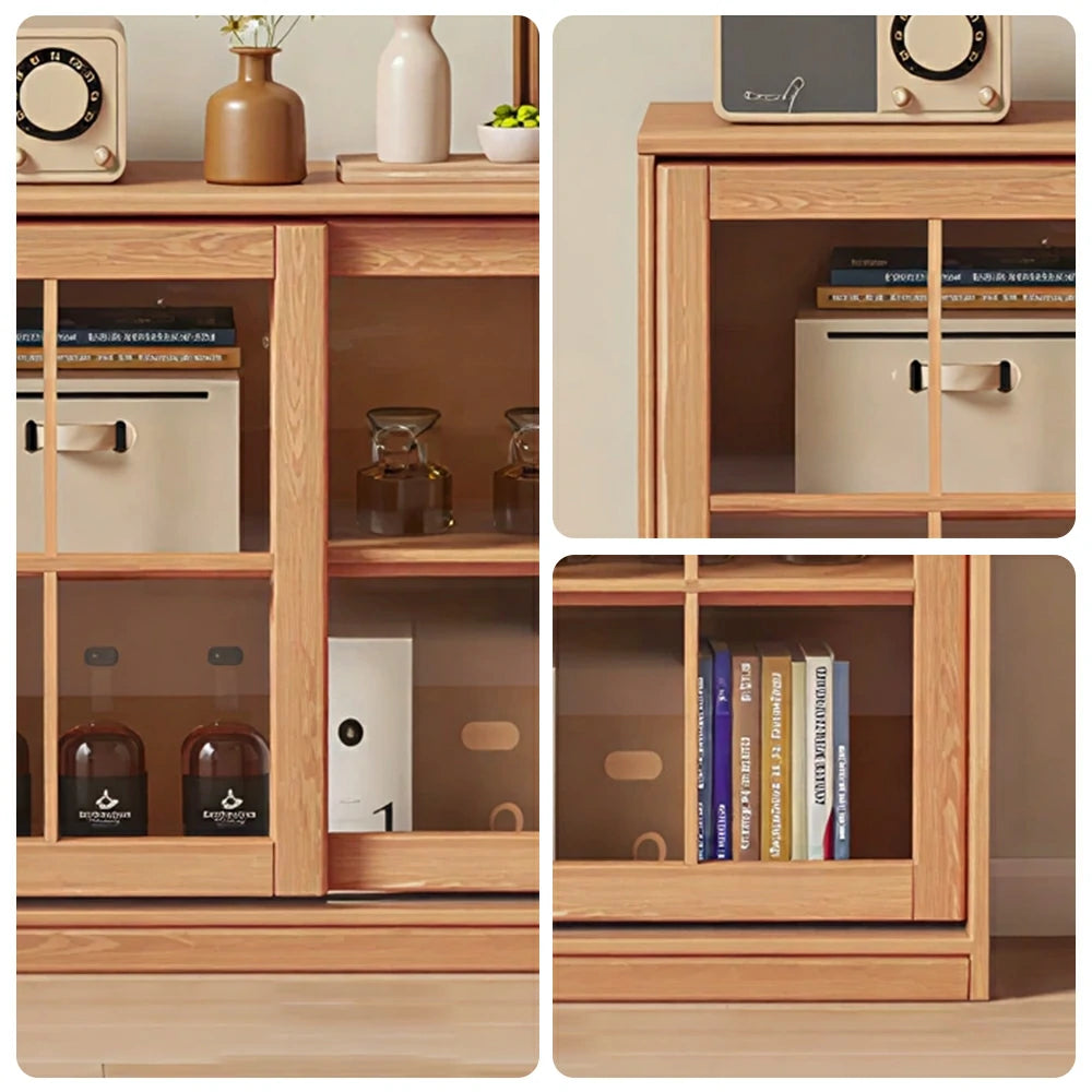 LIVARA Solid Wood Glass Door Storage Cabinet Adjustable Shelves Anti-Tip Reinforced Structure Single Tier for Living Room Dining Room Study - Wood