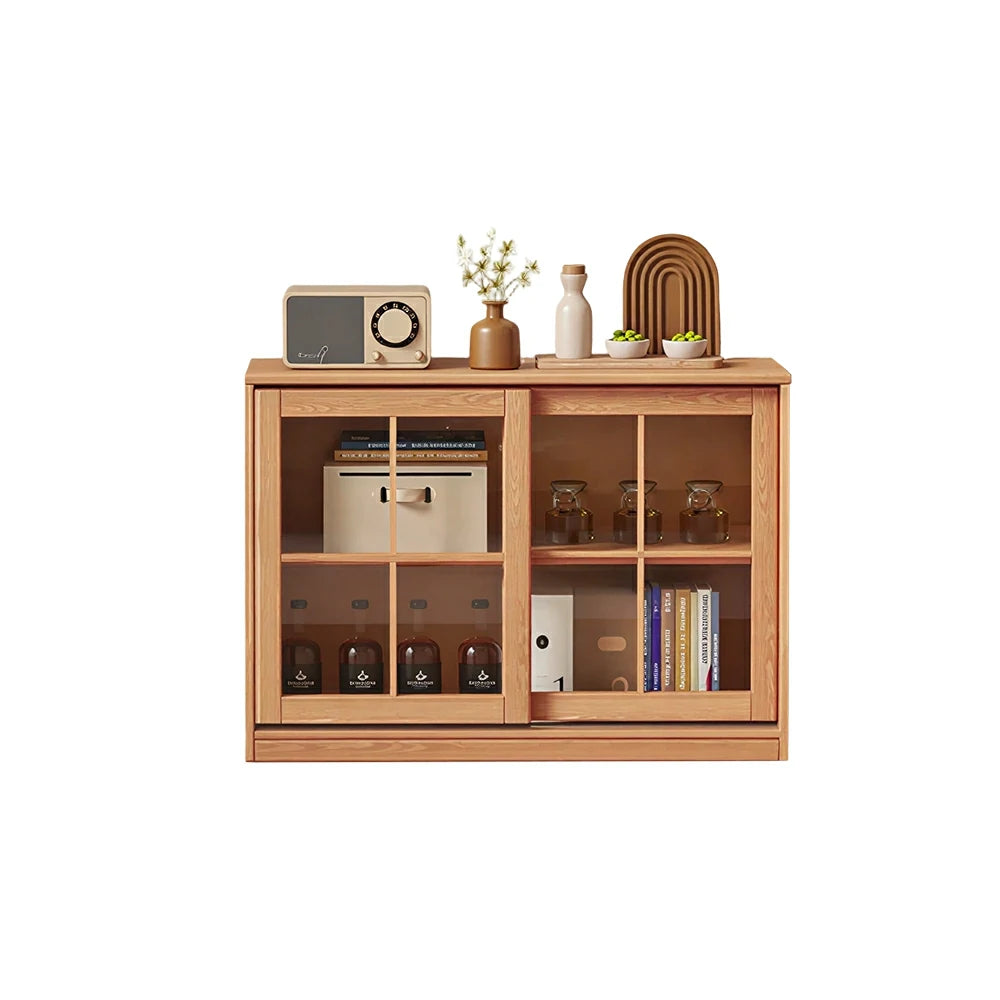 LIVARA Solid Wood Glass Door Storage Cabinet Adjustable Shelves Anti-Tip Reinforced Structure Single Tier for Living Room Dining Room Study - Wood