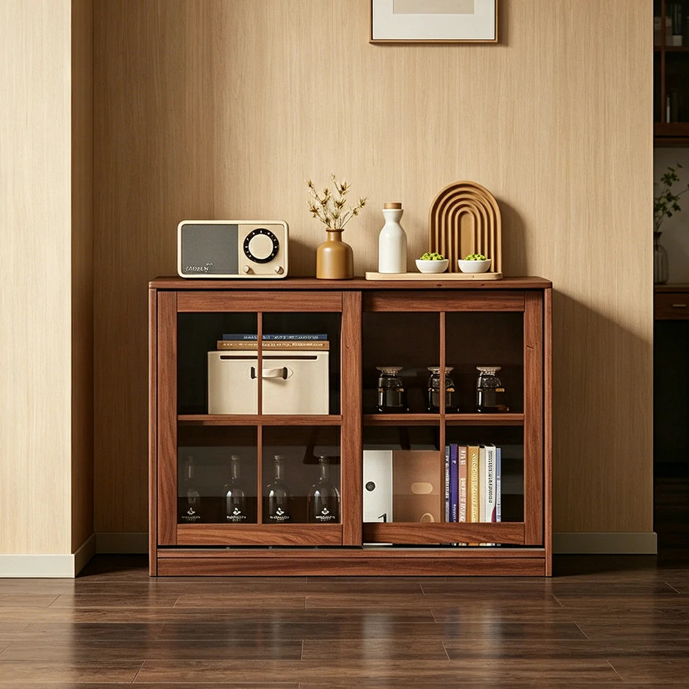 LIVARA Solid Wood Glass Door Storage Cabinet Adjustable Shelves Anti-Tip Reinforced Structure Single Tier for Living Room Dining Room Study - Walnut