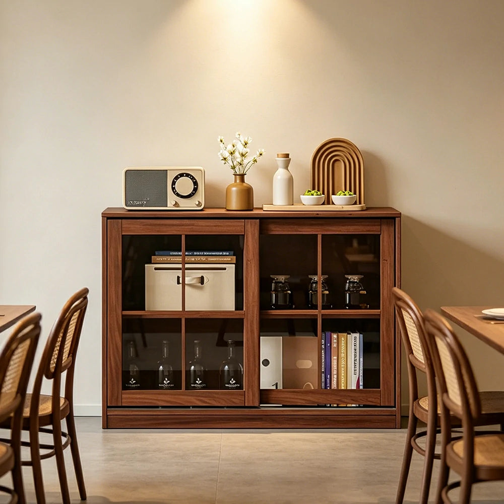 LIVARA Solid Wood Glass Door Storage Cabinet Adjustable Shelves Anti-Tip Reinforced Structure Single Tier for Living Room Dining Room Study - Walnut