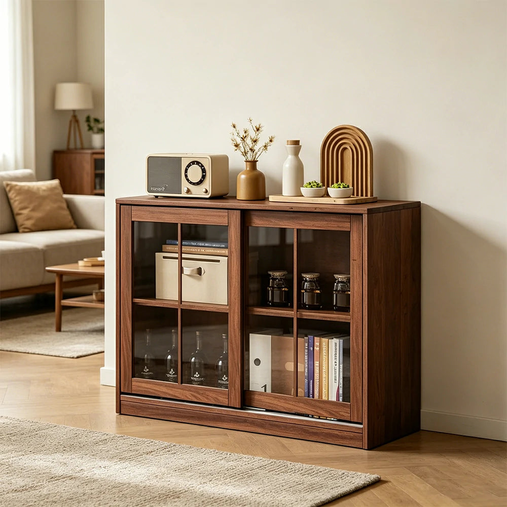 LIVARA Solid Wood Glass Door Storage Cabinet Adjustable Shelves Anti-Tip Reinforced Structure Single Tier for Living Room Dining Room Study - Walnut