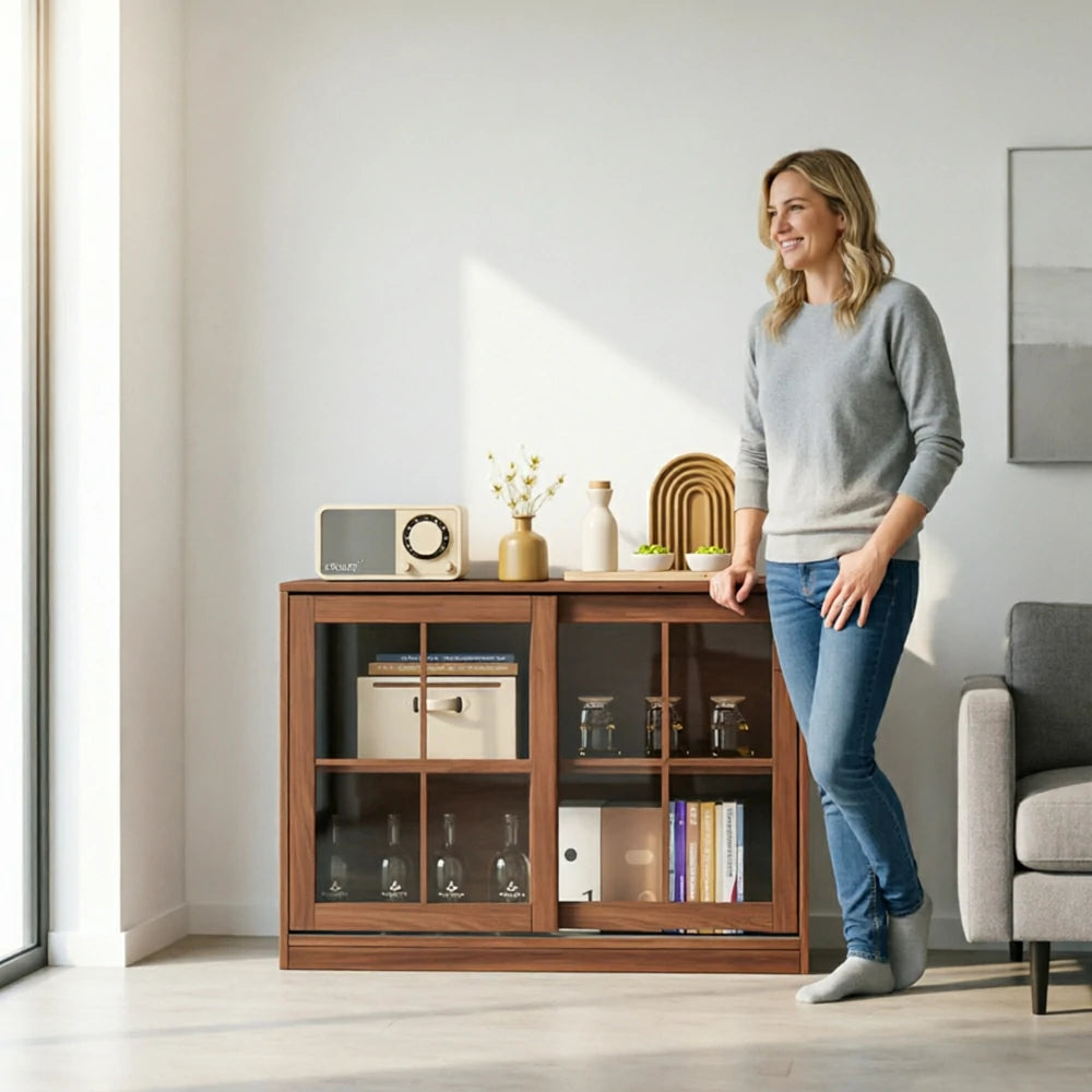 LIVARA Solid Wood Glass Door Storage Cabinet Adjustable Shelves Anti-Tip Reinforced Structure Single Tier for Living Room Dining Room Study - Walnut