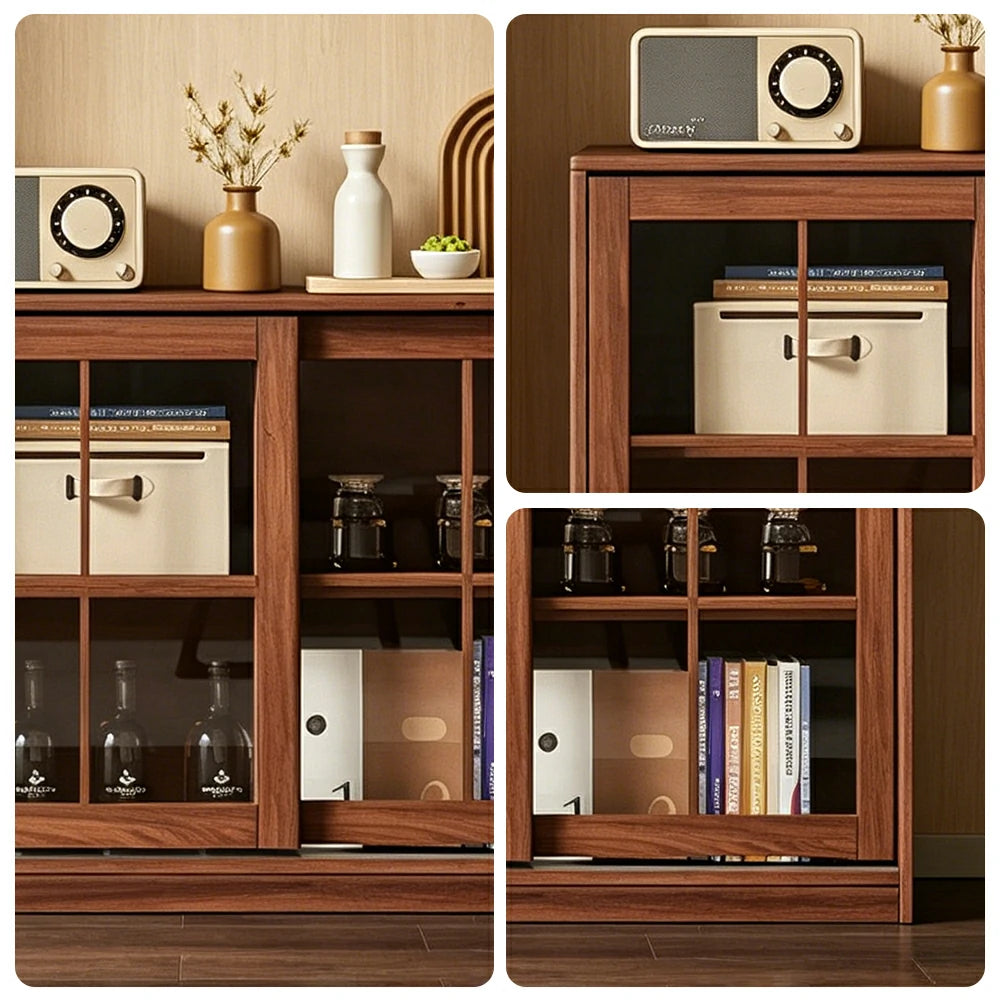 LIVARA Solid Wood Glass Door Storage Cabinet Adjustable Shelves Anti-Tip Reinforced Structure Single Tier for Living Room Dining Room Study - Walnut