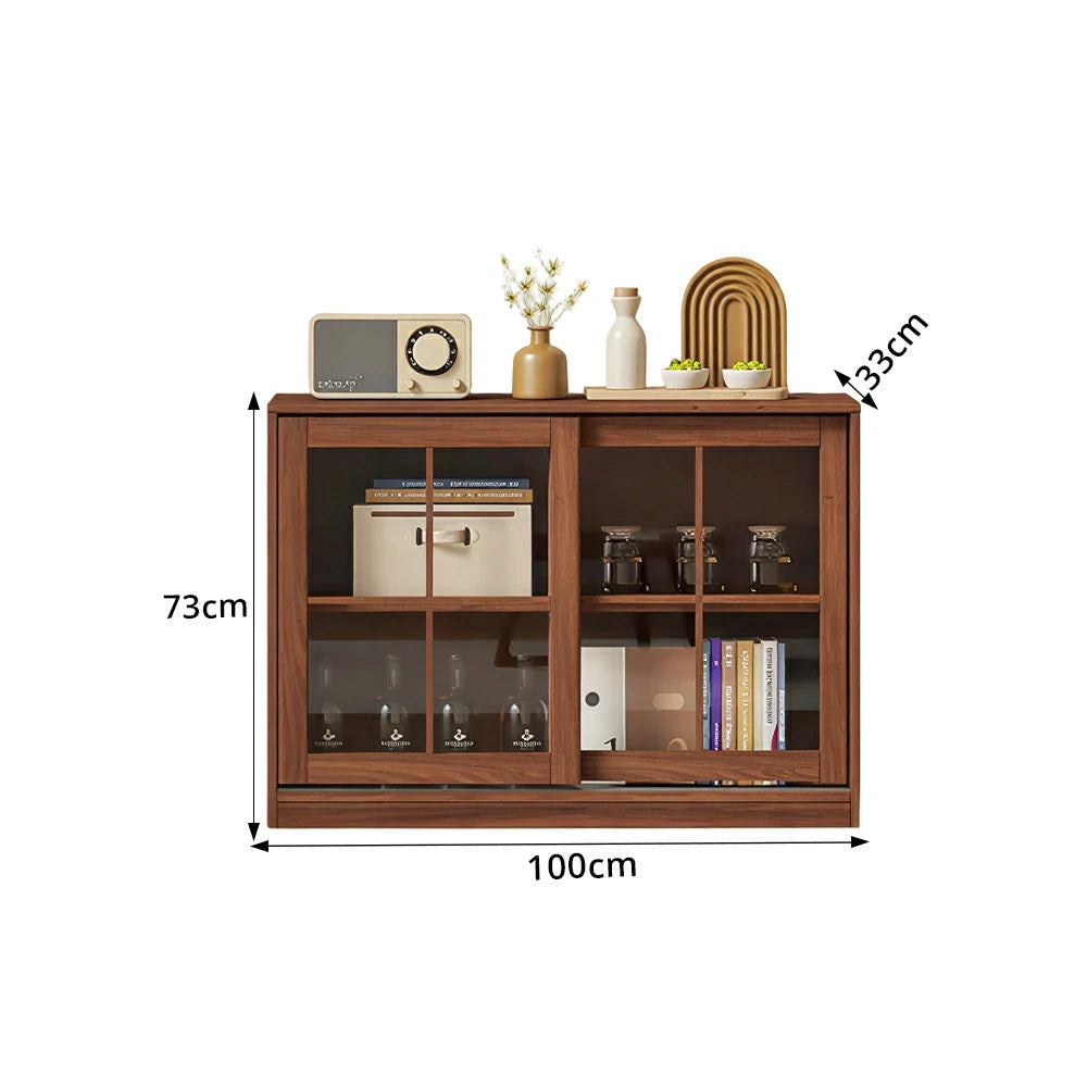 LIVARA Solid Wood Glass Door Storage Cabinet Adjustable Shelves Anti-Tip Reinforced Structure Single Tier for Living Room Dining Room Study - Walnut