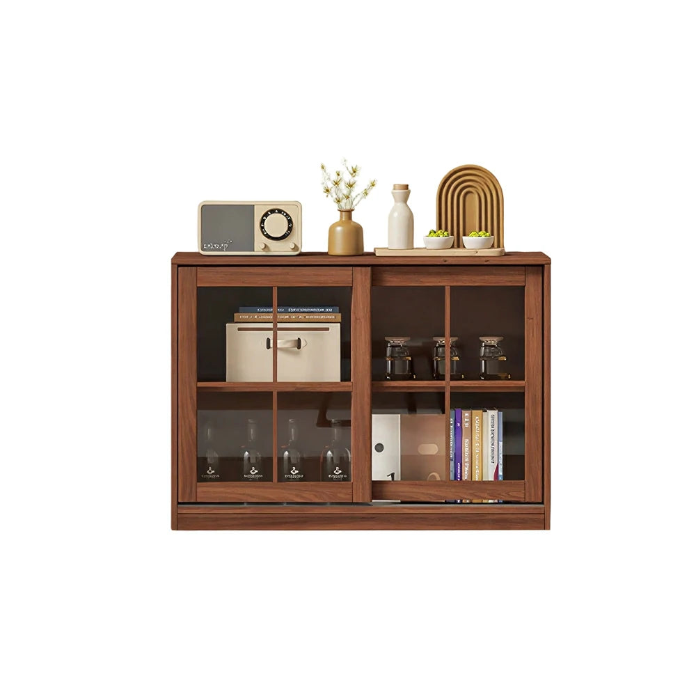 LIVARA Solid Wood Glass Door Storage Cabinet Adjustable Shelves Anti-Tip Reinforced Structure Single Tier for Living Room Dining Room Study - Walnut